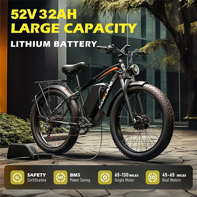 E Bikes for Adults Electric,51 MPH/48 MPH Fast Ebike Peak 5000W/3000W 32AH 52V 130 Miles Max, Dual Motor Electric Bike Fat Tire E Bike for Men, 26" Electric Bicycle for Snow Off-Road, Hydraulic Brakes