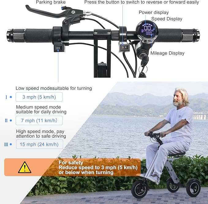 TopMate ES32 Electric Scooter 3 Wheels Foldable Trike with Seat for Adults, Light Weight Mobility with Reverse Function and Key Switch, 10 Inch Pneumatic Tires Tricycle