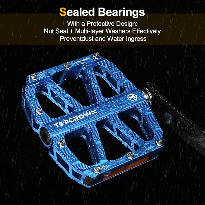 Mountain Bike Pedals with Reflectors, Aluminum Metal Bicycle Flat Pedals 9/16" - 3 Sealed Bearings, Non-Slip Wide Platform with Removable Pins for MTB, Road Bike, BMX, Ebike