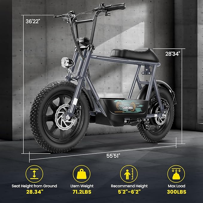 Caroma Peak 1200W/1000W/800W/500W Electric Scooter with Seat,16"/20" Fat Tire Ebike All-Terrain,Max 30Miles&20MPH Electric Scooter Adults,Electric Motorcycle Adults with Storage Basket for Cargo&Pets