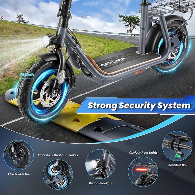 Caroma Peak 1200W/800W Electric Scooter with Seat, 30 Miles Max Range, Electric Scooter Adults, Up to 20MPH Foldable Escooter with Basket,Key Start Adjustable E-Scooter