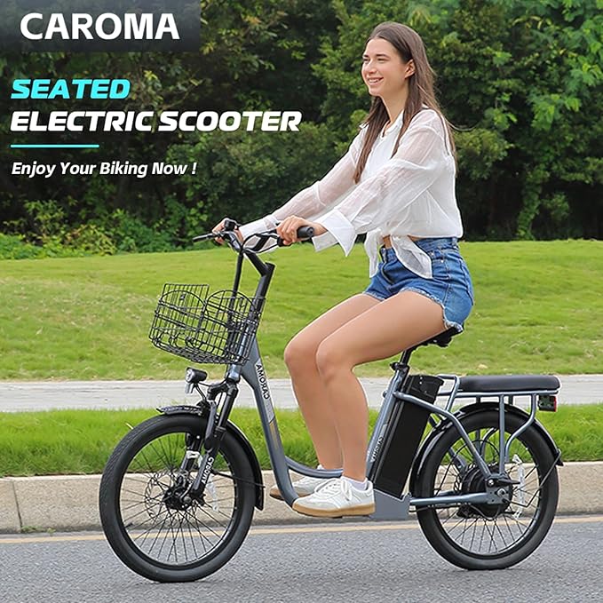 Caroma Peak 500W/800W/1200W Electric Scooter with Seat, 20" Fat Tire Electric Bike with 48V Removable Battery, Up to 30Miles & 20MPH, Adult Scooter for Commuting with Basket&Adjustable Seat