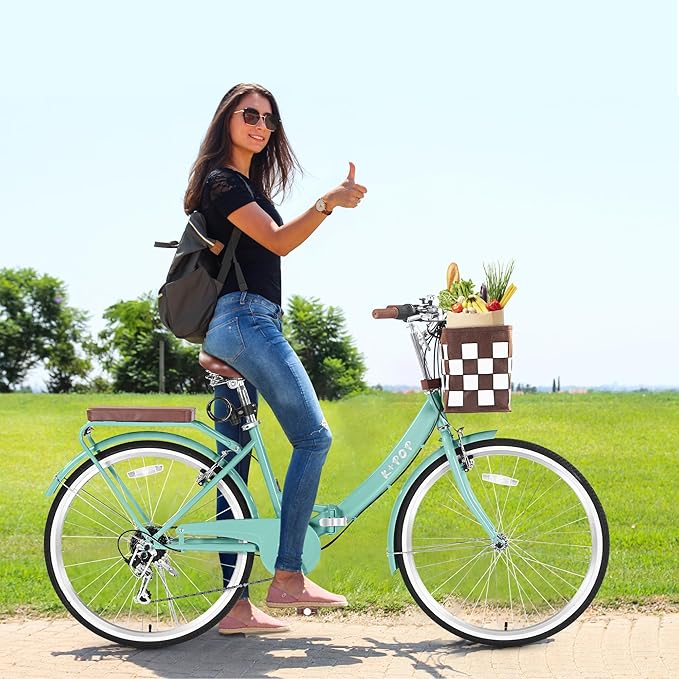 24/26 Inch Foldable Beach Cruiser Bike for Women, 7 Speed Folding Bikes for Adults, Womens City Bike with Basket & Adjustable Seat, Step Through Commute Bikes for Women Adults