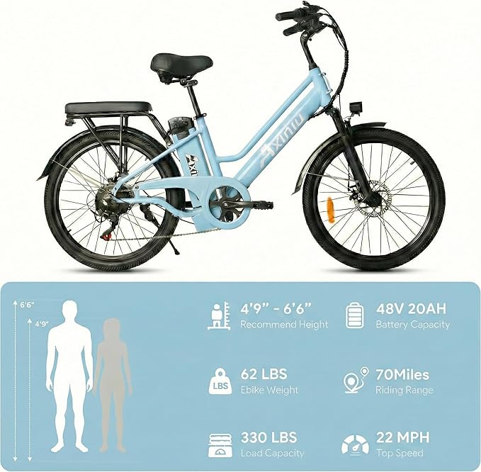 24 Inch Electric Bike for Adults, Step Through Ebike for Women, Peak 1000W Motor 22MPH, 48V 20AH Removable Battery Up to 70 Miles, 7 Speed Dual Shock Absorber, City Cruiser Commuter Bicycle
