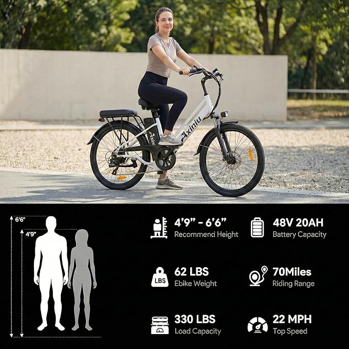 24 Inch Electric Bike for Adults, Step Through Ebike for Women, Peak 1000W Motor 22MPH, 48V 20AH Removable Battery Up to 70 Miles, 7 Speed Dual Shock Absorber, City Cruiser Commuter Bicycle