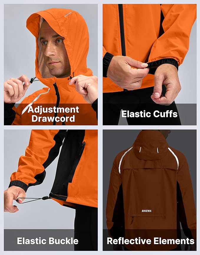 Bikewa Men's Cycling Rain Jackets Waterproof Running Bike Windbreaker Lightweight Packable Hooded Jacket