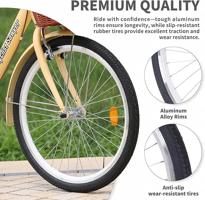 Hybrid Bikes for Women, 24/26 inch Adult Bicycles Lightweight Hi-Ten Steel Frame Road Bike Single Speed with Rear Rack and Basket, Commuter City Bike, Comfort Lady Bicycle, Vintage Adult Bike