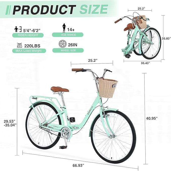 24/26 Inch Folding Girls/Womens Cruiser Bike，1-Speed Foldable Hybrid City Bicycle with Dual Brakes,Basket & Rear Rack，Adjustable Seat Post&Handlebar，3 Colors