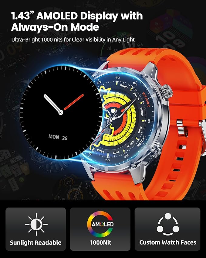 WalkerFit GPS Smart Watch for Men, Multi-Satellite Positioning, Full Metal Body, 520mAh Long Battery Life, 5ATM Waterproof with Bluetooth Call, 1.43” AMOLED Screen, for iPhone/Android, Orange