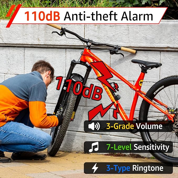 Cruxer Bike Alarm with L-Shaped Bracket for Water Bottle Cage Mount, USB Rechargeable Wireless Anti-Theft Vibration Alarm, 110db Volume and Sensitivity Adjustable Sensor Burglar System with Remote