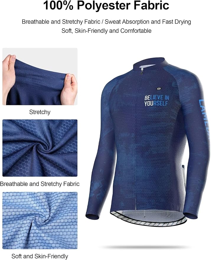 LAMEDA Men's Cycling Jersey Long Sleeve, Breathable Moisture Wicking Bike Shirt, Lightweight Biking Shirt with 3 Rear Pockets