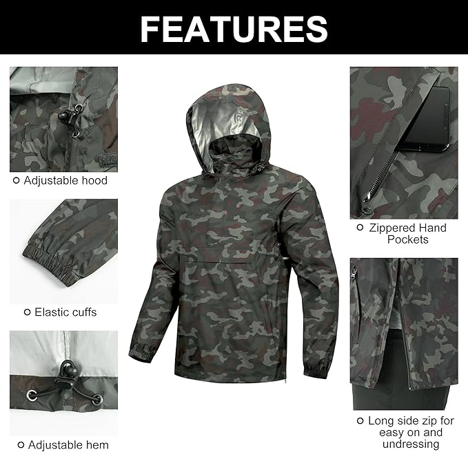 Outdoor Ventures Men's Rain Jacket Waterproof Lightweight Packable Rain Pullover for Hiking Golf Running