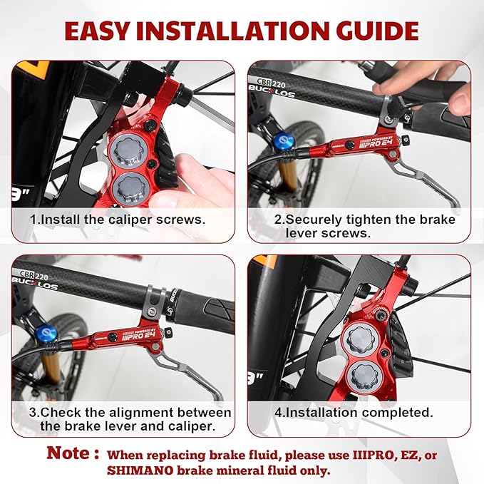 BUCKLOS IIIPRO MTB 4 Pistons Hydraulic Disc Brake Set Front 800mm and Rear 1550mm with Ceramic Brake Pad for Mountain Bike(Pre-Bled)