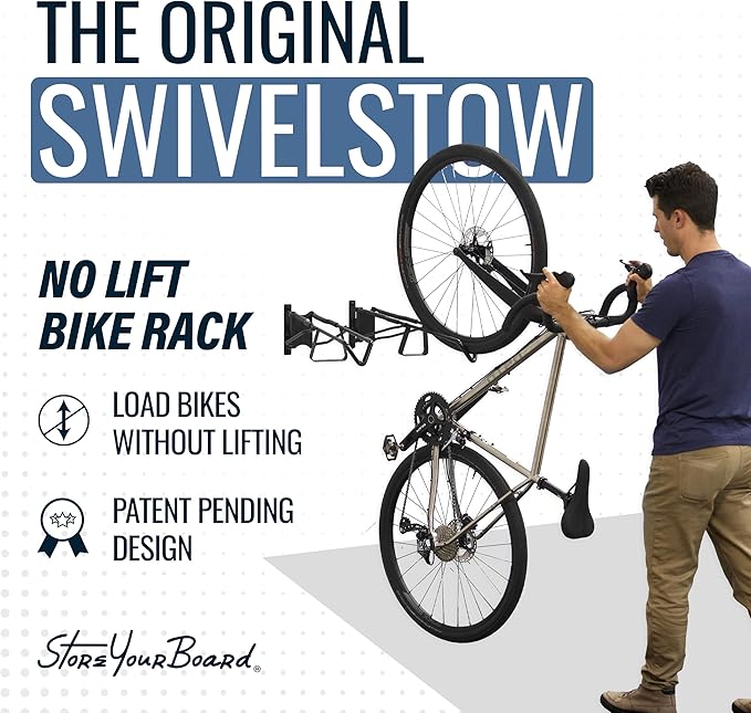 StoreYourBoard SwivelStow Bike Rack Garage Storage Rack 4 Pack - 4 Road & Gravel Bike Wall Mounts - Heavy Duty Bike Hanger - No-Lift Bike Rack Garage Storage Rack - Holds 70 lb Capacity