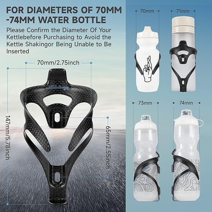 Ultra Light Carbon Fiber Bike Water Bottle Cage Holder for Road Bikes Mountain Gravel e Bike , for Diameter 70-74 mm Water Bottle, (Weight 16±2g) Black Matte