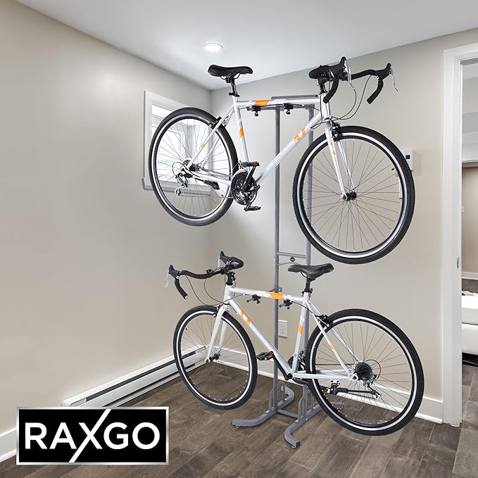 RaxGo Bike Garage Storage Rack, 2 Bicycle Garage Floor Stand, Freestanding, Adjustable Hooks, for Mountain & Road Bicycles, Universal for Indoor Use