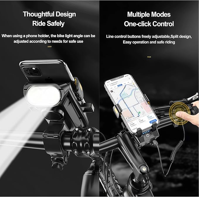 4 in 1 Bike Phone Mount with Light, Bicycle Phone Holder with 500 Lumen LED Headlight,3000mAh USB Charger&130dB Horn,Easy Install for Handlebar,E-Bike,Road & Mountain Bicycle(Black)
