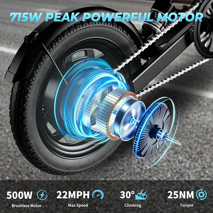 Electric Bike with Basket, 14" Folding Ebike 22 MPH, 35 Miles Range, Dual Suspension, 715W Peak Brushless Motor with 30° Uphill, Adjustable Seat, Commuter Electric Bicycle for Adults 330LBS Load