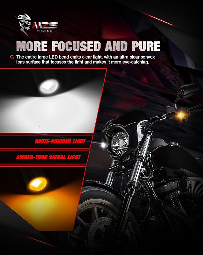 MZS Motorcycle LED Turn Signals, Front White+Amber and Rear Red Mini Brake Tail Light Blinkers, Minimalist Design, Universal 6mm Screw Compatible with Most Family Motorcycles