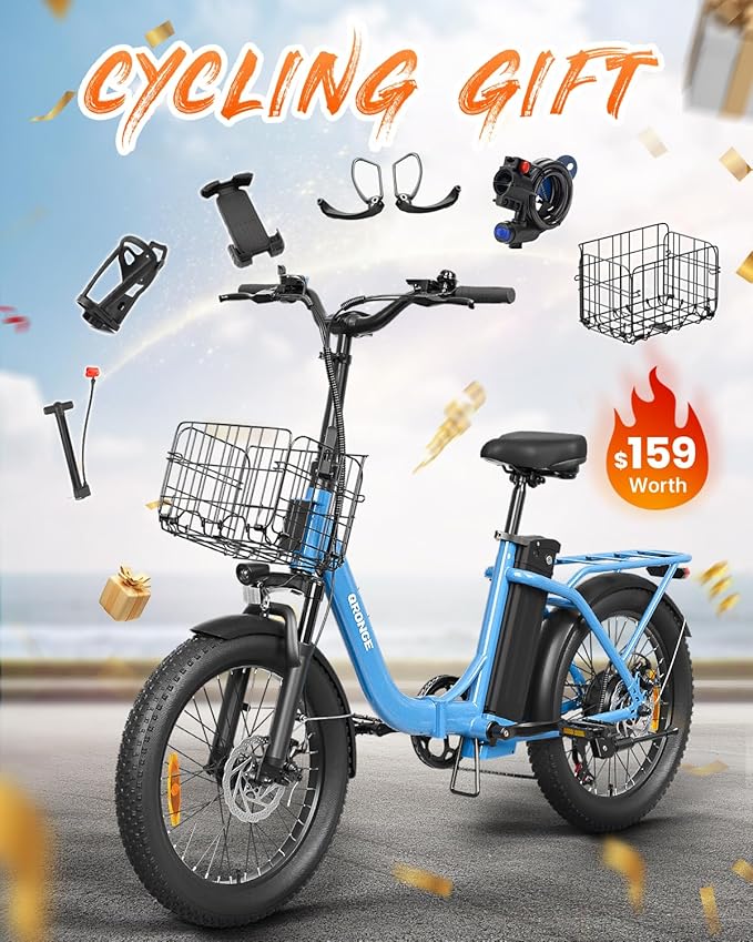 Electric Bike, 1000W Peak Folding Electric Bike, 486Wh 70 Miles Range Ebike, 20" Step-Thru Bicycle with Front Basket, Waterproof Removable Battery, 7 Speed, 25 MPH Max