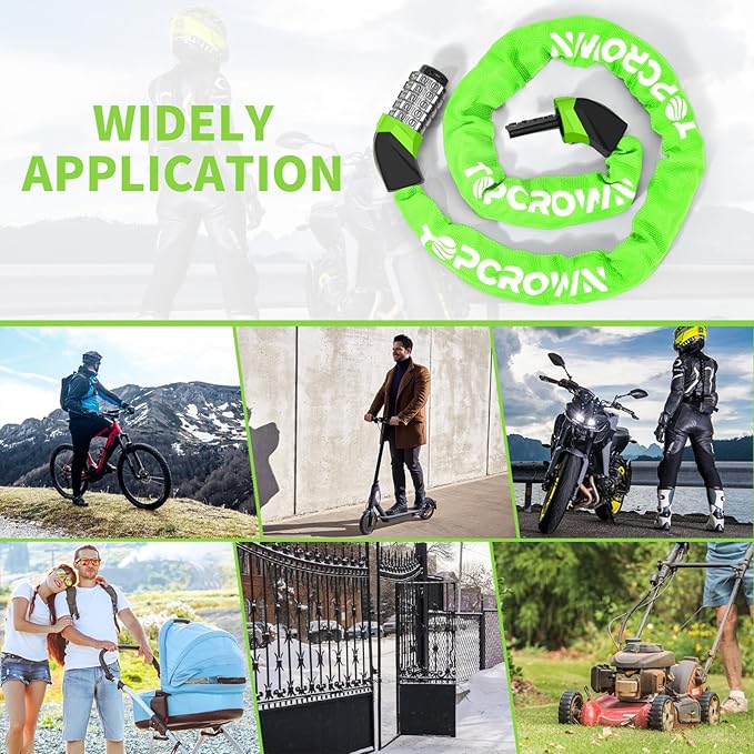 Bike Chain Lock Upgrade Metal Digital Dials 3.2Ft Long High Security Heavy Duty Anti Theft, 5 Digit Combination Keyless Bicycle Lock for Bike/Electric Scooter/Ebike/Motorcycle(Neon Green)