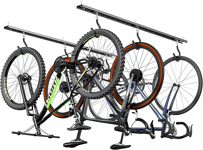 Ultrawall Ceiling Bike Rack for Garage, Indoor Bike Hanger with 6 Adjustable Bike Hooks for up to 3 Bikes (Horizontally), 6 Bikes (Vertically)