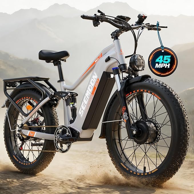 Seemoon 6000W Electric Bike for Adults,45 MPH up to 120Mile Dual Motor Ebike,60V 30Ah Battery,24" Fat Tire Electric Bicycle with Throttle Lock for Hunting Off-Road Commuter,Full Suspension E-bike