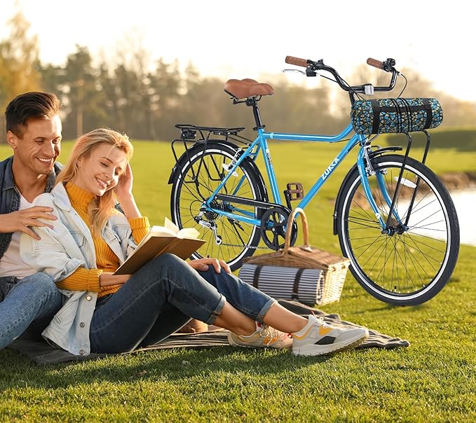 Vintage Style 26 Inch Adult Cruiser Bicycle Hybrid Bike 7 Speeds Commuter Bike for Women, Men, Seniors, SHMANO Shifter and derailleur Step-Over Steel Frame,Double Cargo Rack，4 Colors