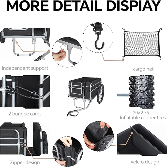 Lightweight Bicycle Trailer, Foldable Bike Cargo Trailer with Universal Hitch, Portable Bicycle Trailers Folding with Upgraded Fat Tires, for Camping, Groceries, 110 LBS Load Capacity