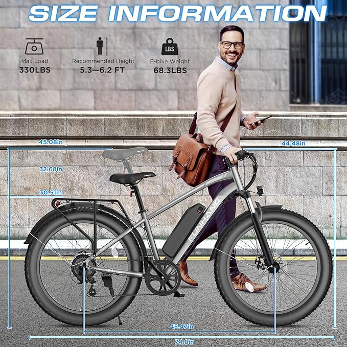 Electric Bike for Adults, 1000W Peak Ebike, 25MPH 60Miles Electric Mountain Bike, 26" Fat Tire Electric Bicycle with 48V 13AH Battery, Front Suspension,7 Speed, Rear Rack, UL 2849 Certified
