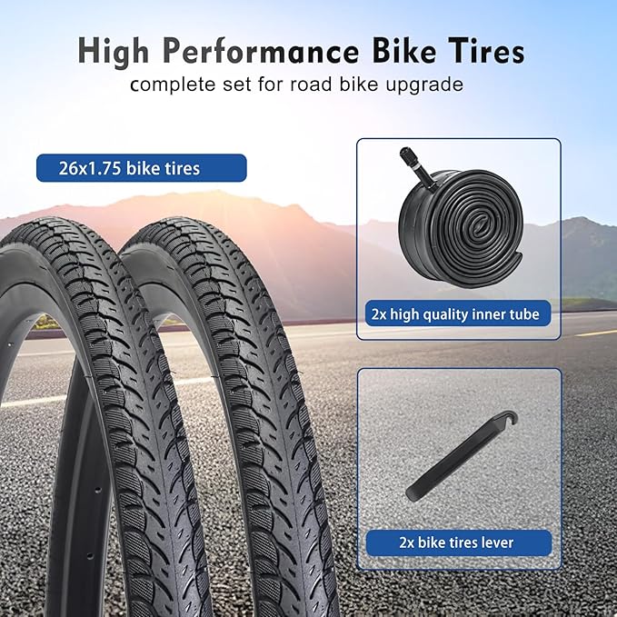 26x1.75 Bike Tires 2PCS, HUIOK 26 Inch Replacement Kits Bicycle Tires with 2 Tubes and 2 Levers