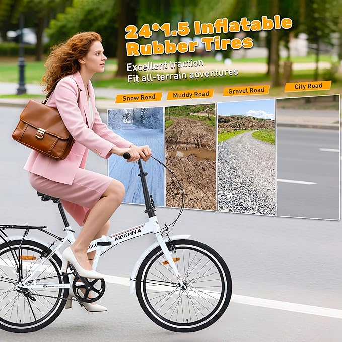 24" Folding City Bikes Steel Frame 7 Speed Folding Bikes,Lightweight Folding Bikes，Folding Commuter Bike for Adults/Men/Student，Bike with Rear Rack，Adjustable Stem，3 Colors