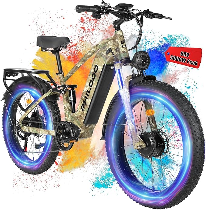 PHILODO Electric-Bike for Adults, Dual-Motor-Ebike Hunting-Ebike 5000W, 60V 32AH Long Range Dirtbike, Fat-Tire-Electric-Bicycle, Full Suspension for Off-Road Snow Sand
