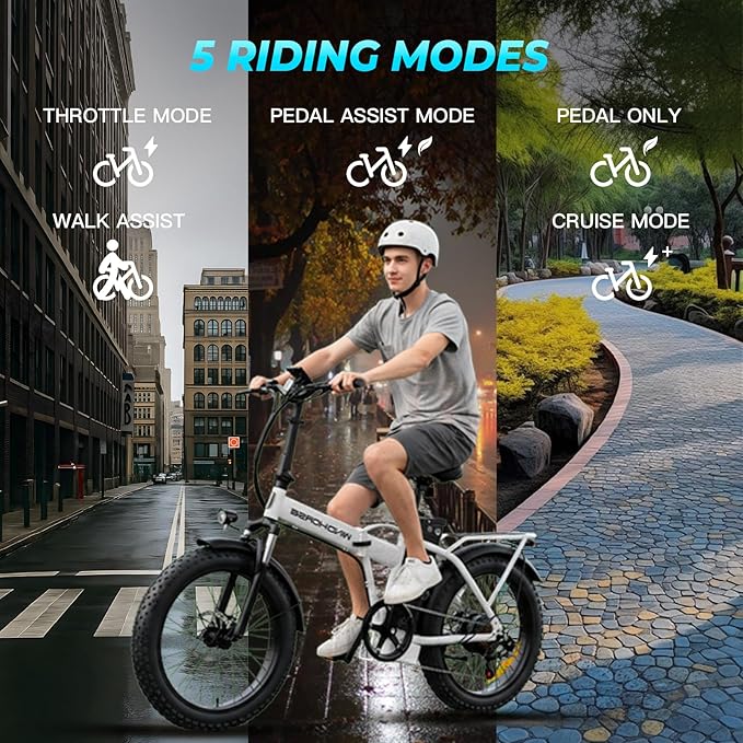 Foldable Electric Bike, Peak 983W Motor Ebike, 40-70 Miles & 20 MPH, 48V Removable Battery, 20" Fat Tire All-Terrain Electric Bicycle for Adults with 7-Speed, Suspension, Rear Rack, UL2849 Certified