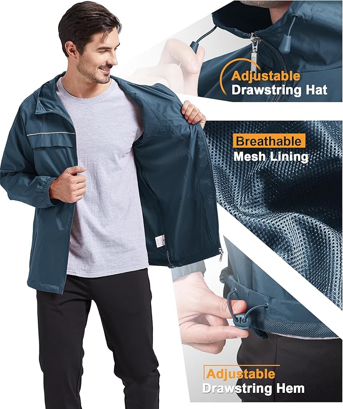 GEEK LIGHTING Rain Jacket Men Lightweight Waterproof Jackets Packable Windbreaker Hooded Raincoat for Golf Cycling Outdoor