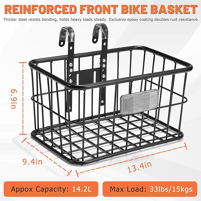 Bike Basket Front with Removable Liner Bag, Large Bicycle Front Basket for Men Women, Heavy Duty Metal Bike Cargo Basket for Adult Bikes, Ebike, Electric Bike, Mountain Bike, City Bike, Cruiser