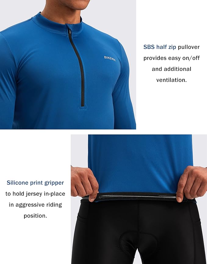 Bikewa Men's Cycling Jersey with 3+1 Rear Zipper Pockets Long Sleeve Moisture Wicking UPF 50+ Half Zip Riding Bike Shirts