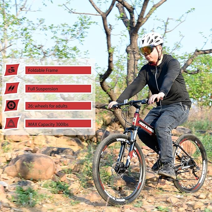 26" Folding Mountain Bike,21 Speed Full Suspension Foldable Bikes,Dual Disc Brakes Bicycle for Adults