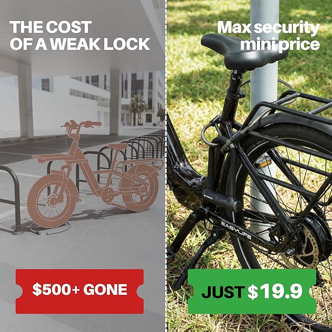 Heavy-Duty U Lock for Bike & E-Bike – Anti Bolt Cutter Steel Bike Lock with Frame Mount, Secure Urban Commuter Bicycle Lock, Includes Steel Cable for Wheel Security