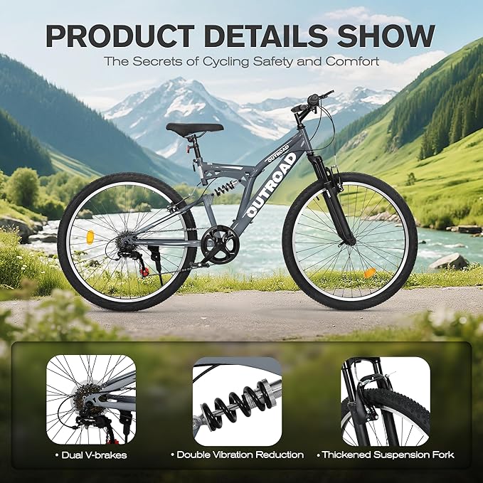 Mountain Bike for Adult Men Women, 26 Inch 7 Speed Mountian Bicycle with Dual Full Suspension, Dual V Brake MTB Bicycle, Multiple Colors
