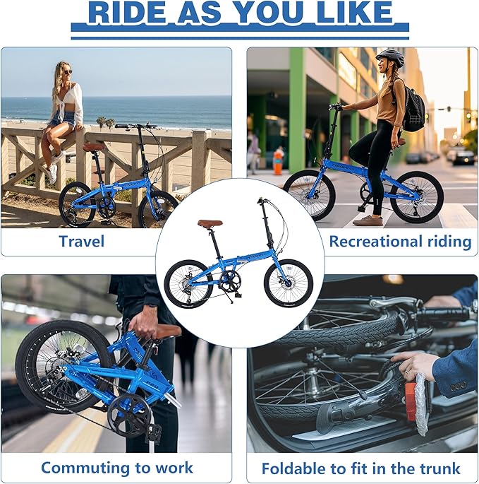 20 Inch Folding Bicycle, City Bike with Lightweight Aluminum Frame and Disc Brake, 7-Speed Commuter Bike for Adult Garden Outdoor