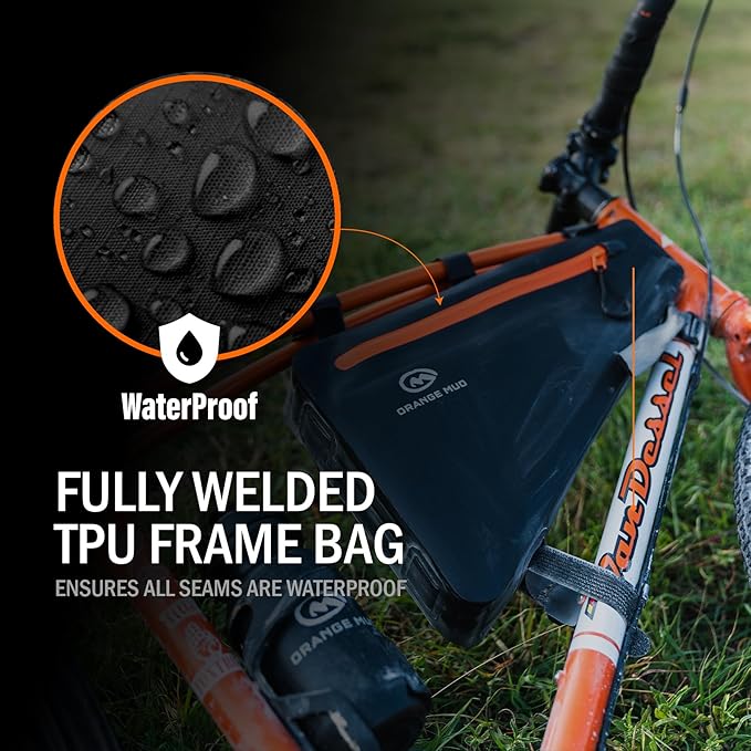 Orange Mud Waterproof Bike Frame Bag – Welded TPU Triangle Bag for Front or Rear Frame Mounting – Durable YKK Zippers, Secure Storage for Gear, Snacks, Tools, Phone – Black, 14"x9.5"