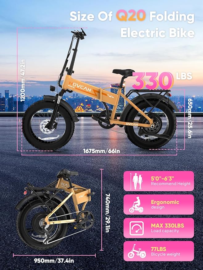 Movcan Q20 Folding Electric Bike, 52V 15.6Ah Removable Concealed Battery 20” Fat Tire Dirt Bike,1500W Motor 30 MPH Top Speed E Bikes, 7 Speed Dual Hydraulic Brake Electric Bikes for Adults