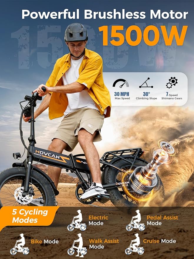 Movcan Q20 Folding Electric Bike, 52V 15.6Ah Removable Concealed Battery 20” Fat Tire Dirt Bike,1500W Motor 30 MPH Top Speed E Bikes, 7 Speed Dual Hydraulic Brake Electric Bikes for Adults
