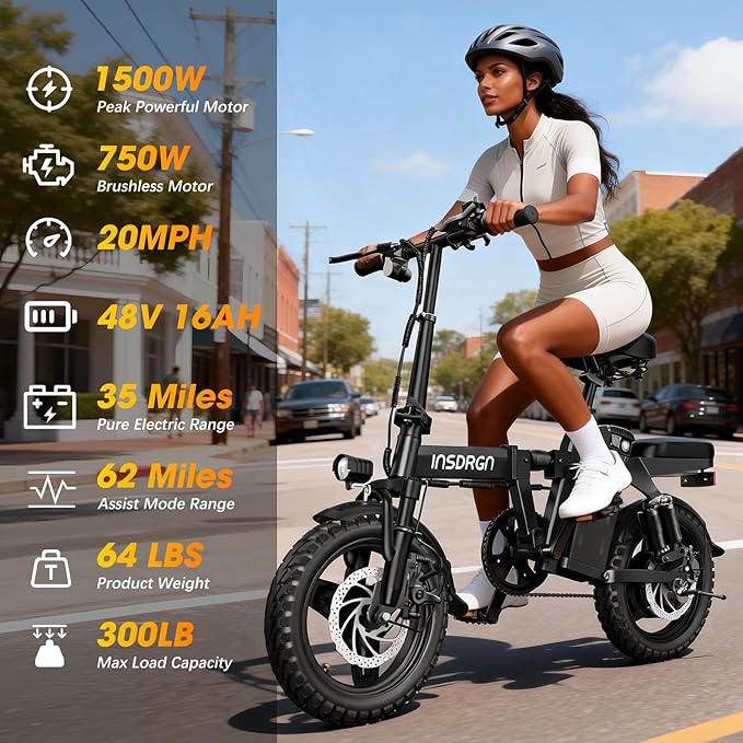 14" Folding Electric Bike for Adults, Peak 1500W Motor,20MPH Max Speed,48V 16Ah Removable Battery Electric Bike, 35/62Miles Max Range, UL 2849 Certified E Bike