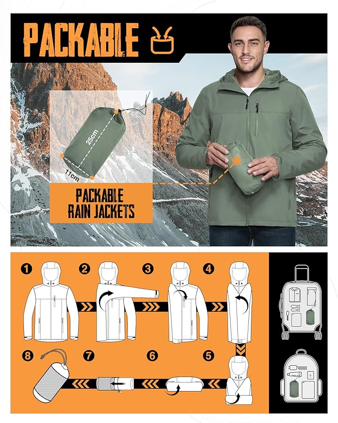 33,000ft Men's Packable Rain Jacket Lightweight Rain Shell Jacket with Hood Waterproof Raincoat for Cycling