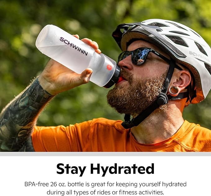 Schwinn Translucent Sport Water Bottle with Holder for Bicycle, 26 oz, BPA-Free, Dual-Stage Nozzle, Ergonomic Design, Cage Easily Mounts to Bike, Hydration Tracking, Bike Water Bottle Holder Combo