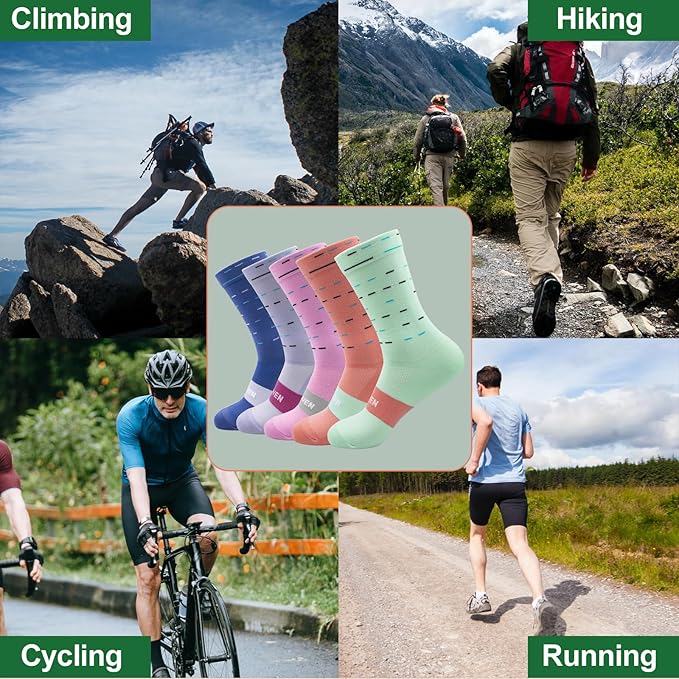 Cycling Socks Compression Athletic Crew Running Socks Mens Womens Hiking Riding Bike Workout Climbing Sports 5 Pairs