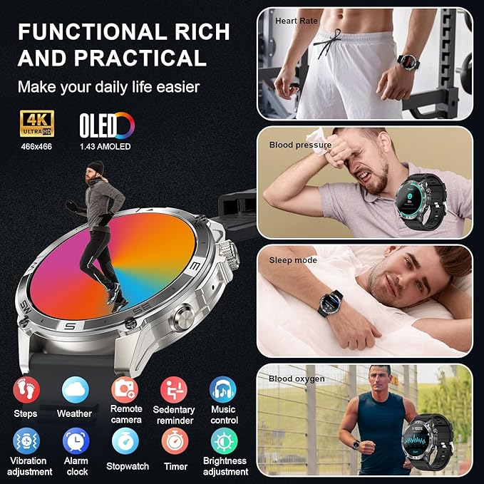 Military Smartwatch for Men, GPS Smart Watches Bluetooth Calls, 1.43" AMOLED Fitness Tracker with 530 mAh Large Battery/3ATM Waterproof/Compass/Air Pressure/Altitude for Android iOS