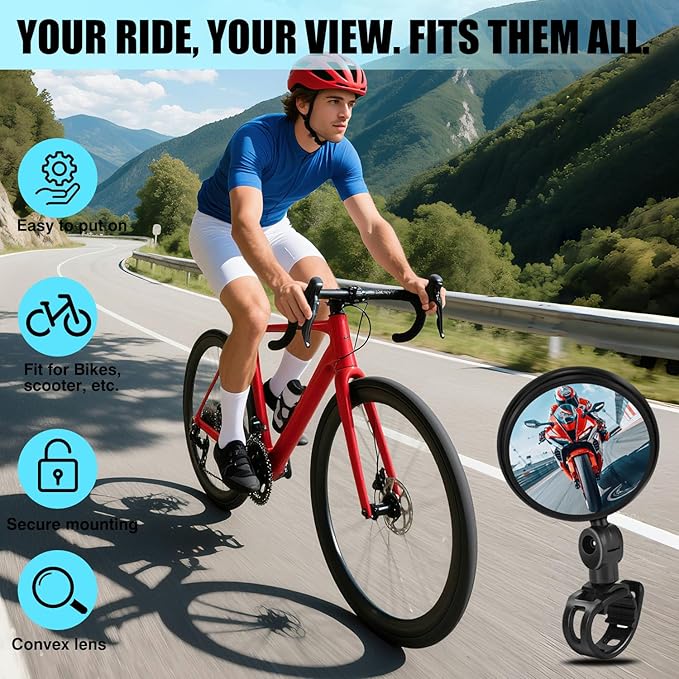 Bike Mirror Handlebar Mount, 2 Pcs 360° Rotatable Adjustable Acrylic Convex Mirror, No Tool Installation, Vibration-Free Wide View for Mountain/Road/E-Bike/Scooter - Bicycle Accessories